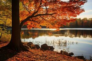 Quiet Pond Amidst Fall Trees. Generative AI photo