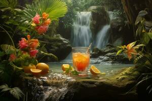 A tropical waterfall oasis with glasses of rum punch placed on mossy rocks. Generative AI photo