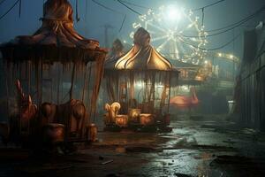 Abandoned carnival rides. Generative AI photo