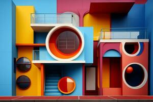 A multicolored building with circular windows and balconies. Generative AI photo