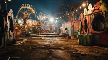 Abandoned carnival with old rides hauntingly nostalgic Halloween backdrop. Generative AI photo