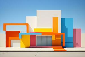 A multicolored building with a blue sky in the background. Generative AI photo