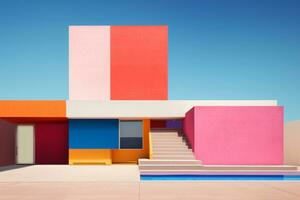 A colorful building with a pool in front of it. Generative AI photo