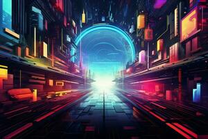 Futuristic city with a bright blue light at the end of the tunnel. Generative AI photo