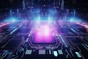 Computer circuit board illuminated by neon lights. Generative AI photo