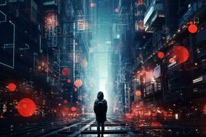 Person standing on a platform in a futuristic city. Generative AI photo