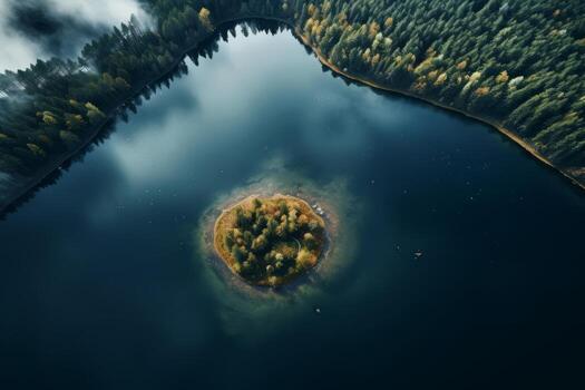 Aerial shot of a tranquil lake. Generative AI photo