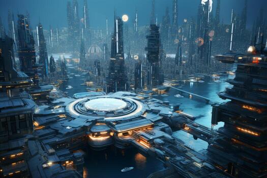Futuristic city at night with a circular building. Generative AI photo