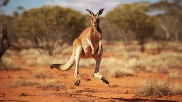 A kangaroo jumping in the air in the desert. Generative AI photo