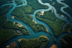 Aerial View of Winding River Deltas. Generative AI photo