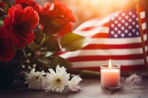 An American flag displayed next to a row of flowers and candles. Generative AI photo