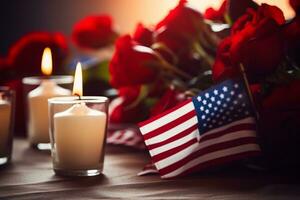 An American flag displayed next to a row of flowers and candle. Generative AI photo