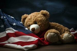 Flag on Teddy Bear Tribute. Generative AI photo