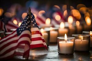 Flag Over Memorial Candles with Reflection. Generative AI photo