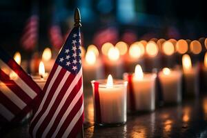 Flag Proudly Over Memorial Candles. Generative AI photo