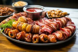 An assortment of bacon wrapped appetizers. Generative AI photo