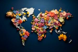 mapa de el mundo hecho fuera de flores generativo ai foto