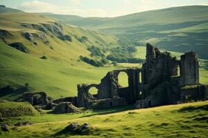 Ancient stone ruins set against rolling hills. Generative AI photo