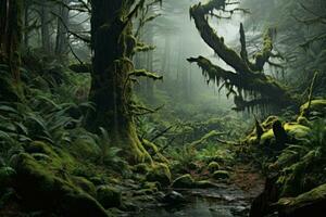 Ancient Forest with Rich Plant Tapestry. Generative AI photo