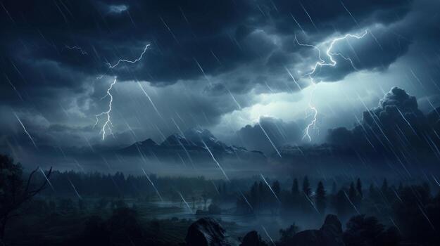 Thunderstorm with lightning and rain. Generative AI photo