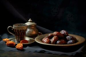 Dates and teapot on a table. Generative AI photo