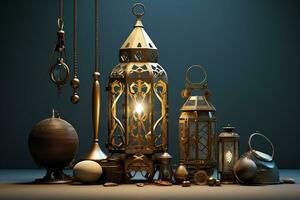 Collection of antique lamps and lanterns on a table. Generative AI photo