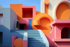 A colorful building with a staircase leading up to it. Generative AI photo