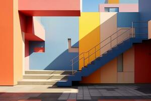 A set of stairs leading up to a colorful building. Generative AI photo