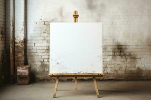 Easel with a white canvas in front of a brick wall. Generative AI photo