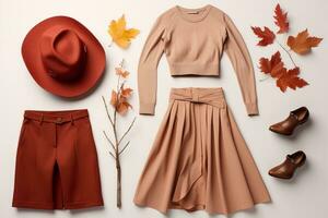 Autumn Fashion Flat Lay with Leaves. Generative AI photo