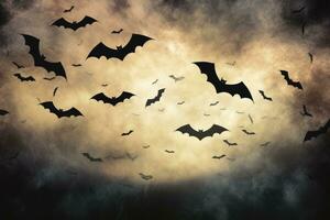 Bat silhouettes flying across a textured sky. Generative AI photo