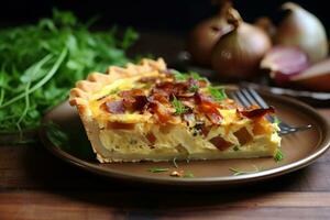 Bacon and caramelized onion quiche. Generative AI photo
