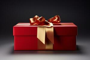 Red gift box with a gold bow. Generative AI photo