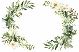 Wreath of white flowers and green leaves. Generative AI photo