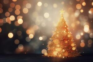 Golden christmas tree on a dark background. Generative AI photo