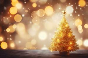Shiny gold christmas tree on a table. Generative AI photo