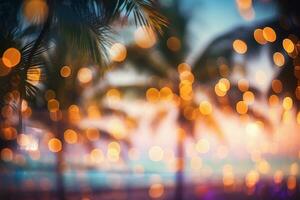 A blurry photo of palm trees and lights. Generative AI