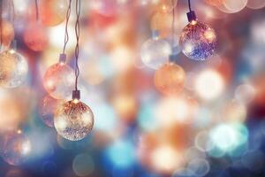 Blurred bokeh lights on holiday baubles. Generative AI photo