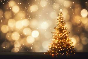 Blurred bokeh with glowing Christmas tree. Generative AI photo