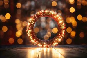 Blurry bokeh with shimmering holiday wreath. Generative AI photo