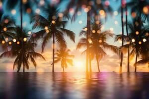 A tropical scene with palm trees and a sunset. Generative AI photo