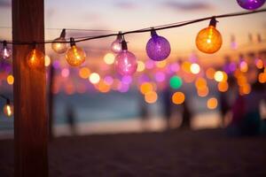 un cuerda de luces colgando desde un de madera polo. generativo ai foto