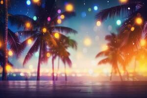 A tropical scene with palm trees and lights. Generative AI photo