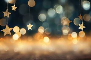 Bokeh lights with sparkling Christmas stars. Generative AI photo