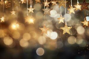 Bokeh lights with sparkling Christmas stars. Generative AI photo