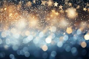 Bokeh lights with sparkling snowflakes. Generative AI photo
