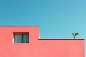 un rosado edificio con un palma árbol en parte superior de él. generativo ai foto