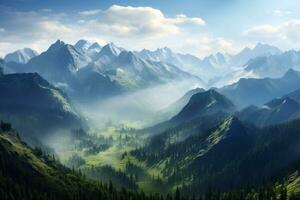 Breathtaking panoramic view of a vast forested mountain. Generative AI photo