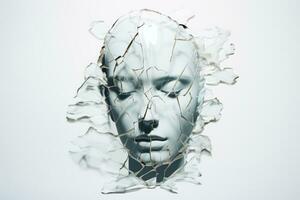 Broken glass sculpture of a woman's face. Generative AI photo