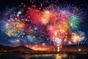 Brilliant fireworks paint the night sky. Generative AI photo